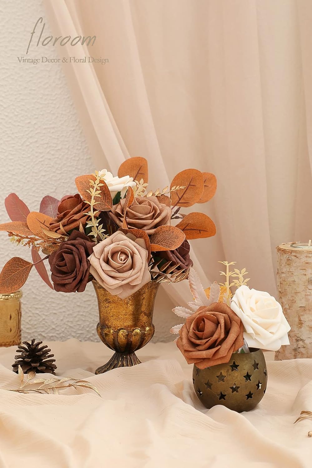 Floroom Artificial Flowers 25pcs Real Looking Earth Tones Ombre Colors Foam Fake Roses with Stems for DIY Wedding Bouquets Bridal Shower Floral Centerpieces Party Tables Home Decorations