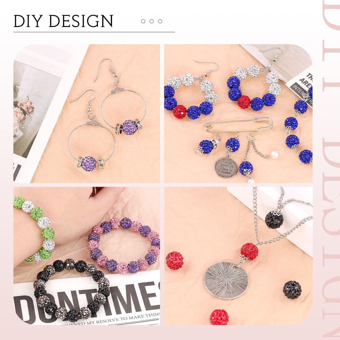 150 pcs 10mm Rhinestone Beads for Jewelry Making, 15 Mixed Colors Shiny Round Shamballa Disco Beads, Sparkle Crystal Clay Christmas for Bracelet Baseball Necklace Earring Crafting and DIY