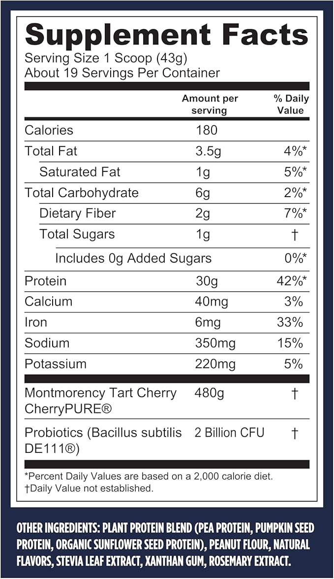 Vega Sport Vegan Protein Powder + Recovery - 30g Plant Based Protein per Serving, Peanut Butter, 19 Servings, 5g BCAAs, Probiotics, NSF Certified, For Shakes & Smoothies, 1.8lbs (Packaging May Vary)