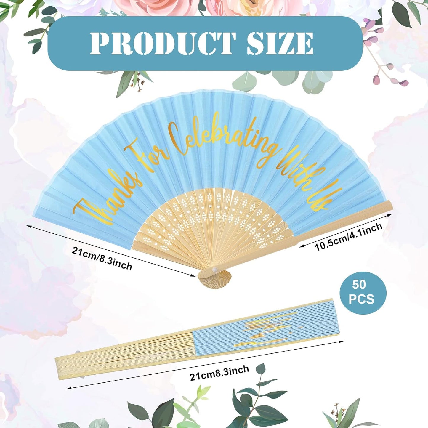 Jetec 50 Pcs Wedding Fans for Guests Bulk Silk Hand Fans Handheld Folded Thank You for Celebrating with Us Wedding Favors for Bridal Bridesmaid Baby Shower Dancing Party Church Gift(Blue)