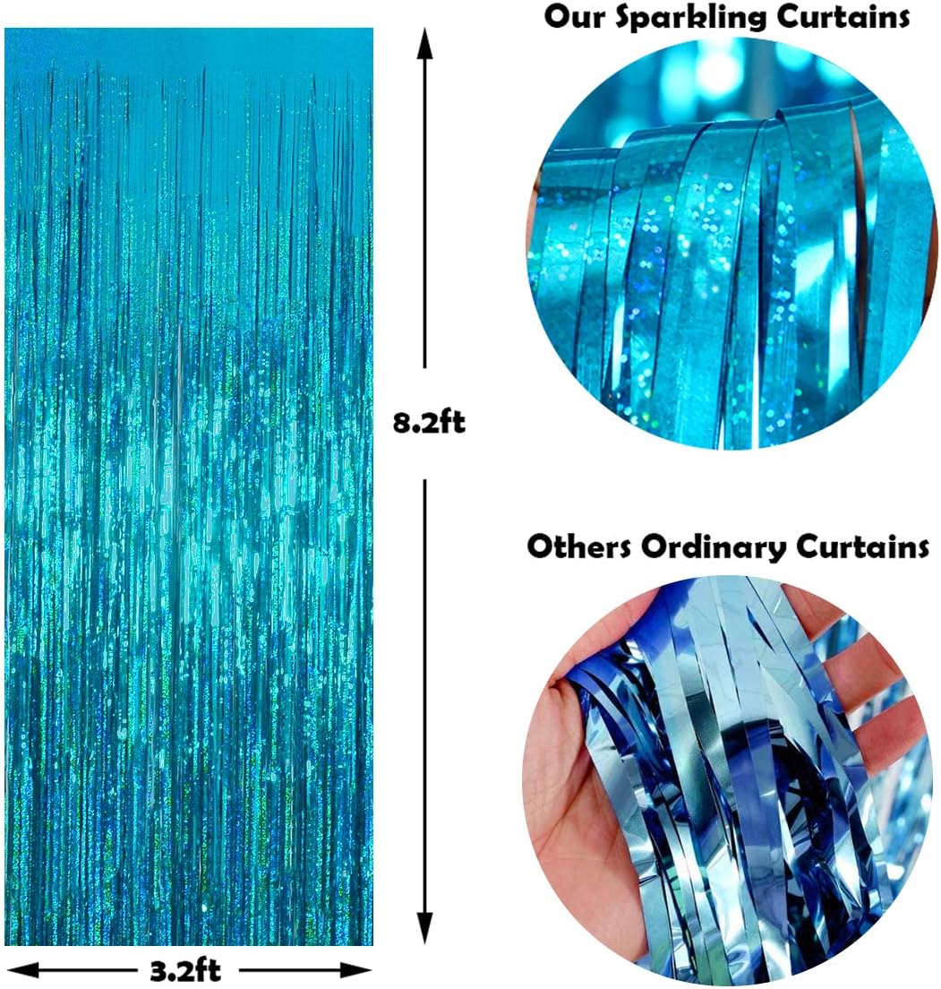 Foil Fringe Curtains Party Decorations - Melsan 3 Pack 3.2 x 8.2 ft Tinsel Curtain Party Photo Backdrop for Birthday Party Baby Shower or Graduation Decorations April fool's Day Decorations Teal