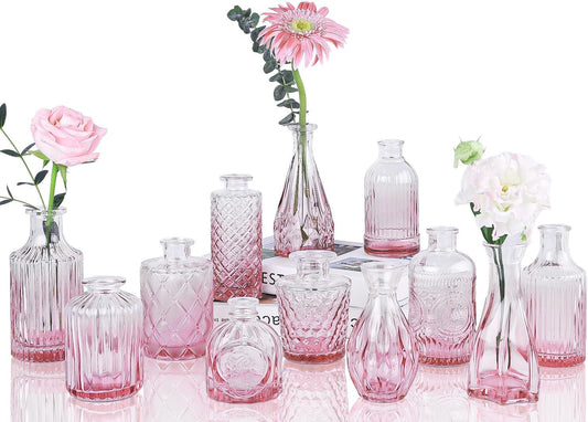 Pink Glass Bud Vases Set of 12, Mini Flower Vase for Centerpieces, Small Vases in Bulk for Wedding Decorations, Vintage Vase for Table, Home Décor