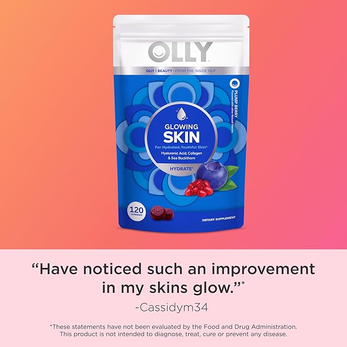 OLLY Glowing Skin Collagen Gummy, Hydrated, Youthful Skin, Hyaluronic Acid, Sea Buckthorn, Chewable Supplement, Berry, 60 Day Supply - 120 Count Pouch