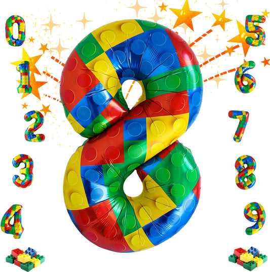 32 Inch Stackable Block Number Balloon – Colorful Brick Building Themed Big Helium Digits for Kids Birthday Party Decorations (Building Block, Number 8)