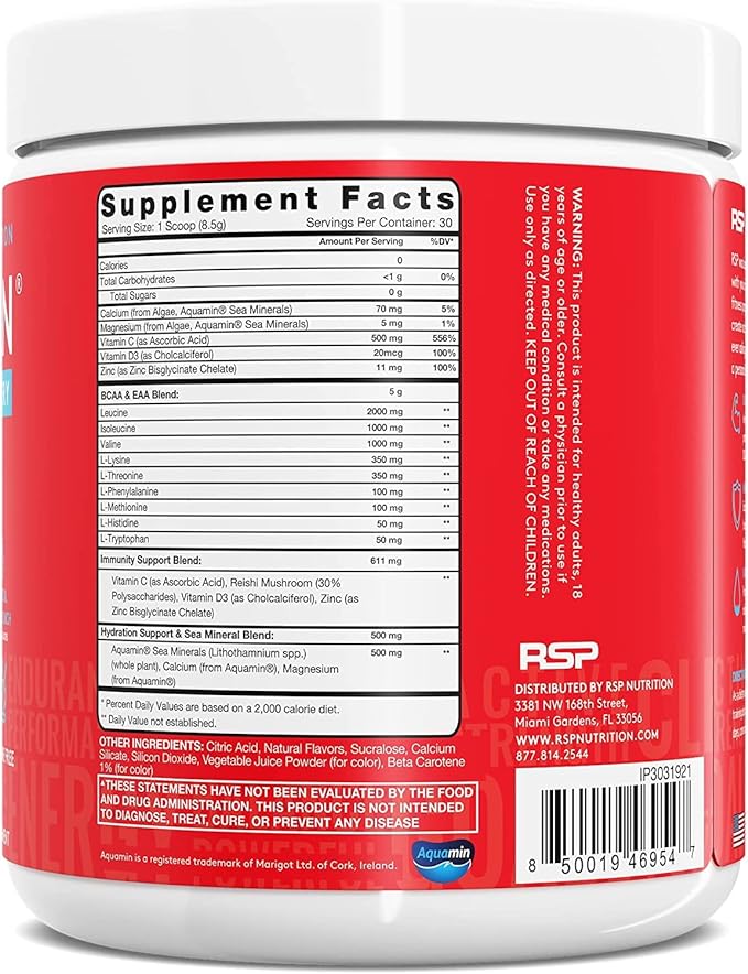 AminoLean Hydrating Electrolyte Powder and Recovery Drink with Sea Minerals, Nootropic Mushrooms, and Vegan Amino Acids, BCAAs + EAAs for Post Workout Muscle Building, Tropical Punch