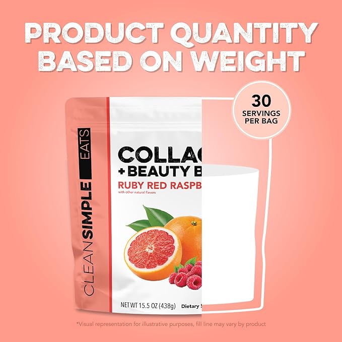 Clean Simple Eats Collagen Powder + Beauty Blend, Ruby Red Raspberry, Hydrolyzed Collagen Peptides from Grass Fed Bovine & Chicken, Hyaluronic Acid for Hair, Skin, Nail & Joint Support, 30 Servings