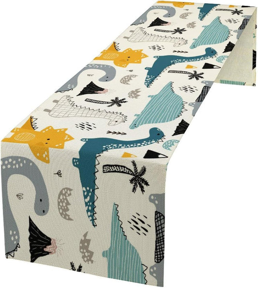 Cartoon Dinosaur Table Runner,Kids Boys Cute Various Dino Moutain Modern Abstract Print Tablecloth Burlap for Hotel Indoors Outdoor Dining Room Kitchen Holiday Party, 13x70in