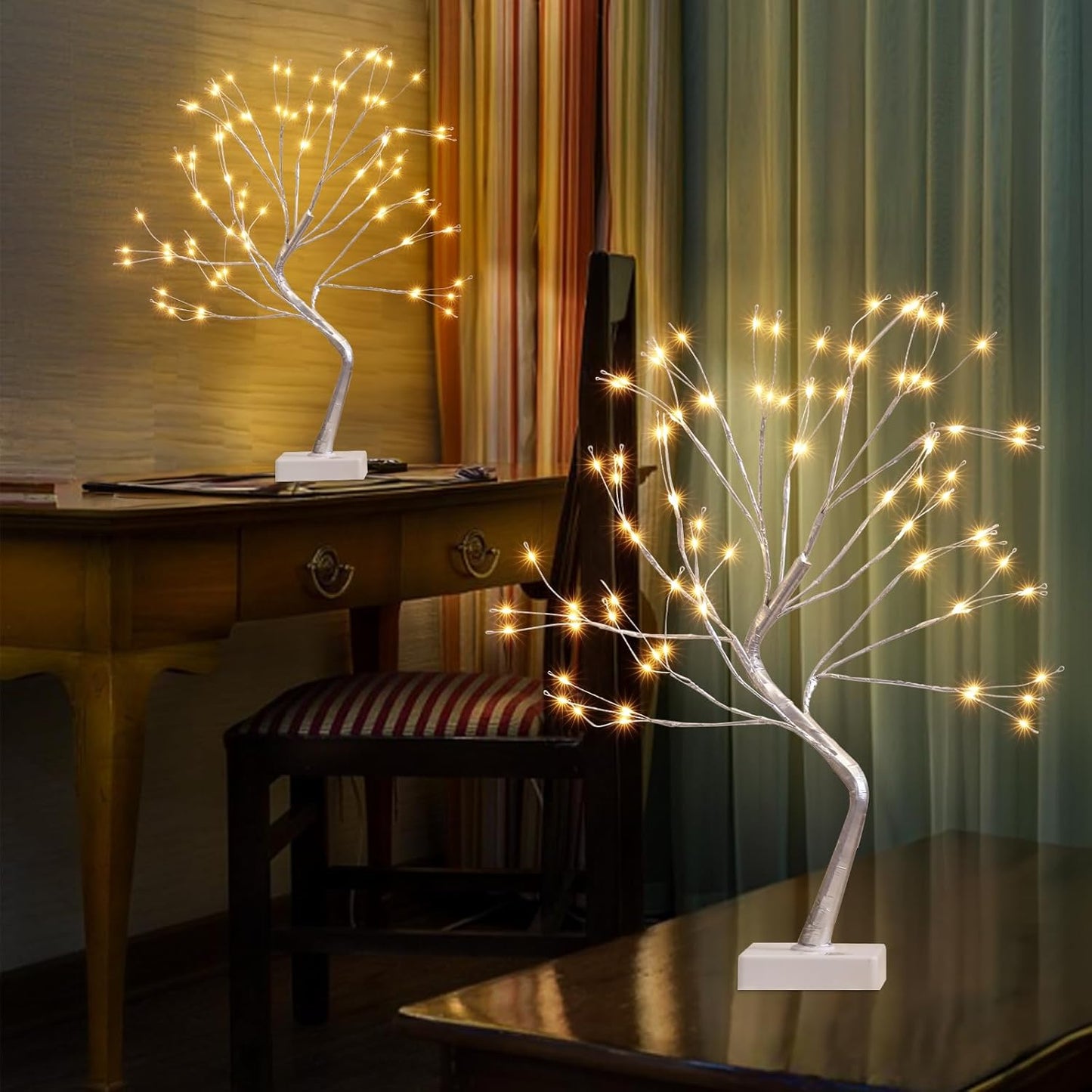 EAMBRITE Fairy Light Tree, 108 Led Light up Trees Decor Indoor, 8 Modes Fairy Light Spirit Tree for Christmas Decorations, USB& Battery Tabletop Bonsai Tree for Home Bedroom Decorations (2 PK, Sliver)