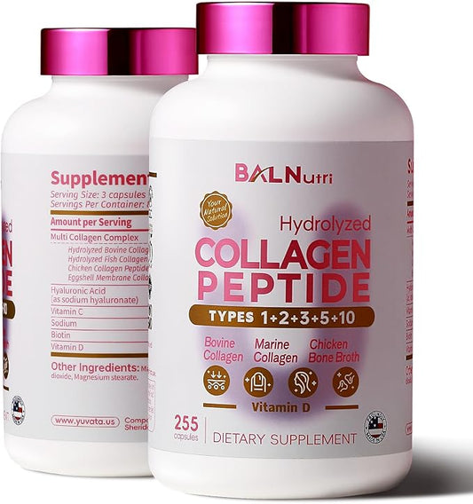 Collagen PEPTIDE+HyaluronicAcid,Multi Collagen Complex Supplements for Women or Men | Multi Collagen Capsules Peptides for Skin,Hair,Nails,Joint,Wrinkles (255 Capsules, 3 Capsules Per Day)
