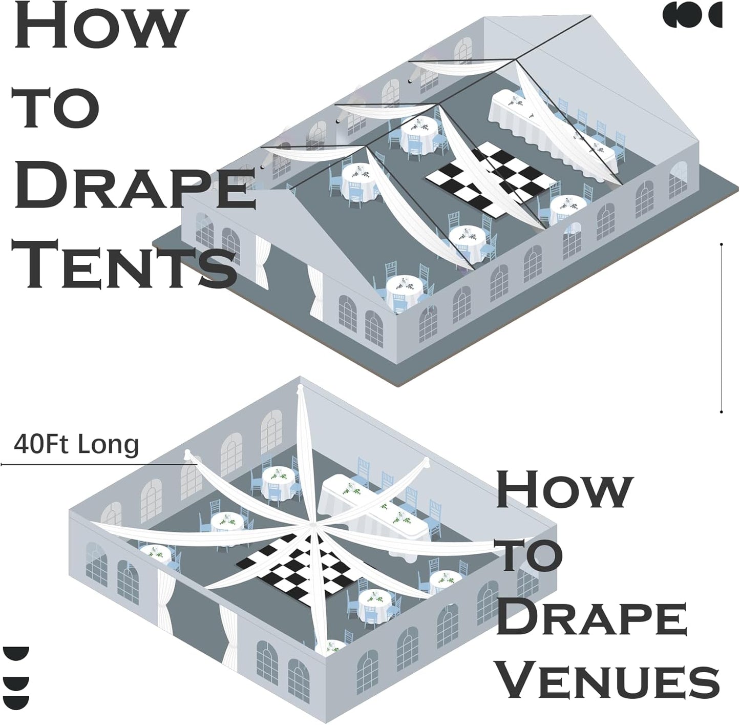 PartyVillage 20ftx40ft White Ceiling Curtain for Wedding Parties – 4 Panels Wrinkle-Free 40 FT Long Tent Draping Curtains for Wedding, Birthday & Theme Parties, 40ft Height with Rod Pocket