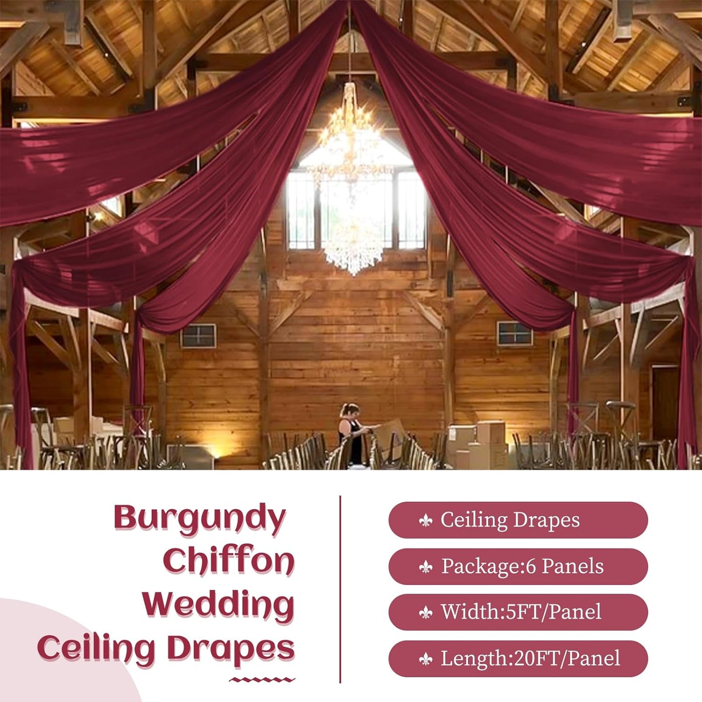 6 Panels Burgundy Wedding Ceiling Drapes 5ftx20ft Ceiling Drapes Chiffon Fabric Arch Draping Sheer Curtains Soft Drapery Draping Wedding Ceiling Decorations for Party Ceremony Stage Swag