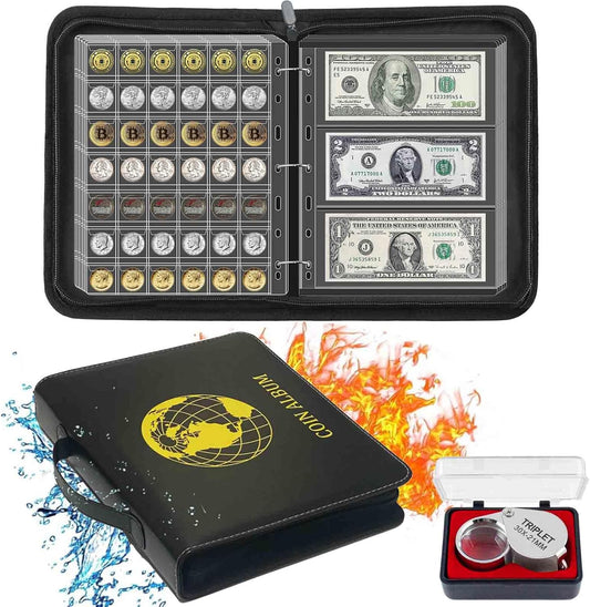 Fireproof Coin Currency Collection Album Book for Collectors, 360 Pockets and 15 Sleeves Paper Money Collecting Album for Coin Currency Collection Supplies, Stamp, Bill