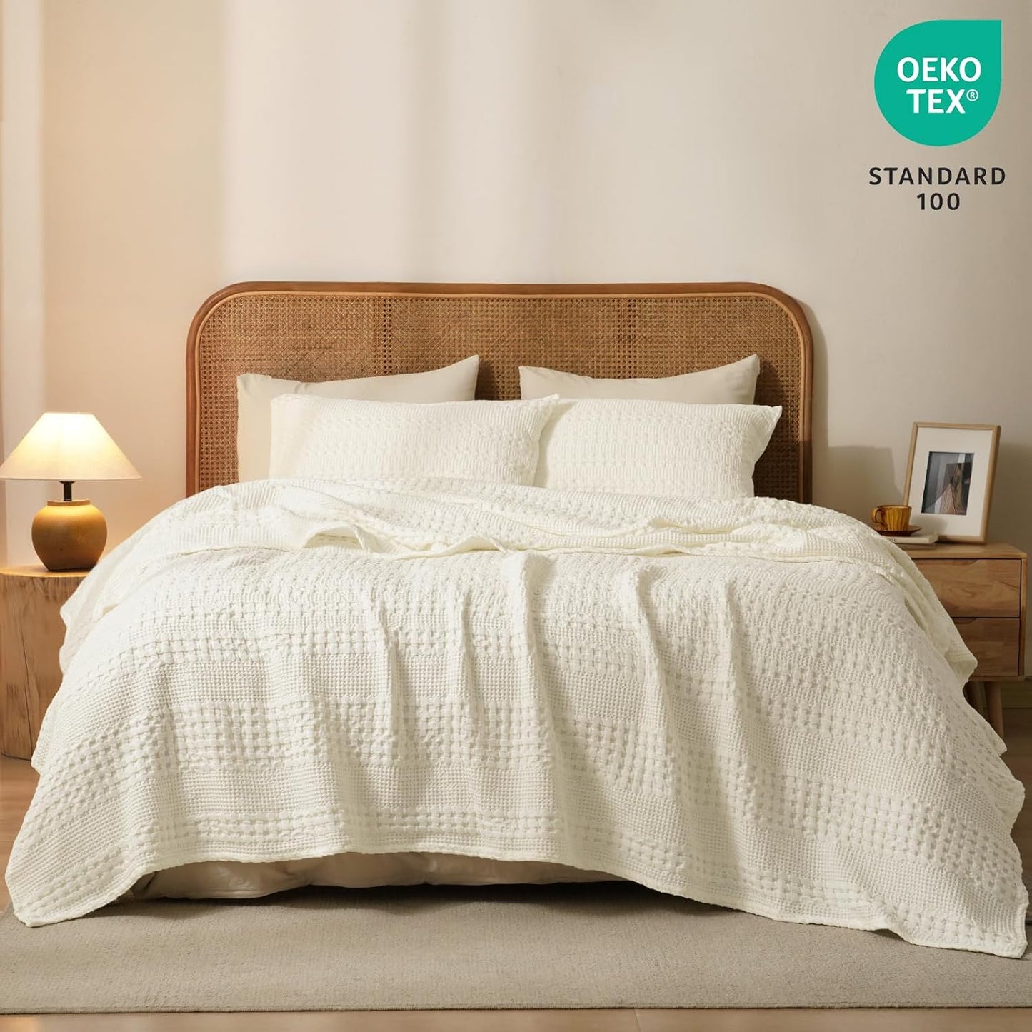 PHF 100% Cotton Waffle Weave Blanket King Size for Bed, Soft Lightweight & Breathable, All-Season Comfort, Luxury Aesthetic Woven Bedding for Home Decor, 108"x90", Cannoli Cream