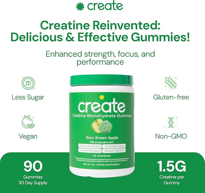 Creatine Monohydrate Gummies for Men & Women - Boost Focus, Strength, and Endurance, Anti-Melting Formula, Vegan, Gluten-Free, Non-GMO, 1.5 Gram Creatine per Gummy (Sour Green Apple, 90 ct)