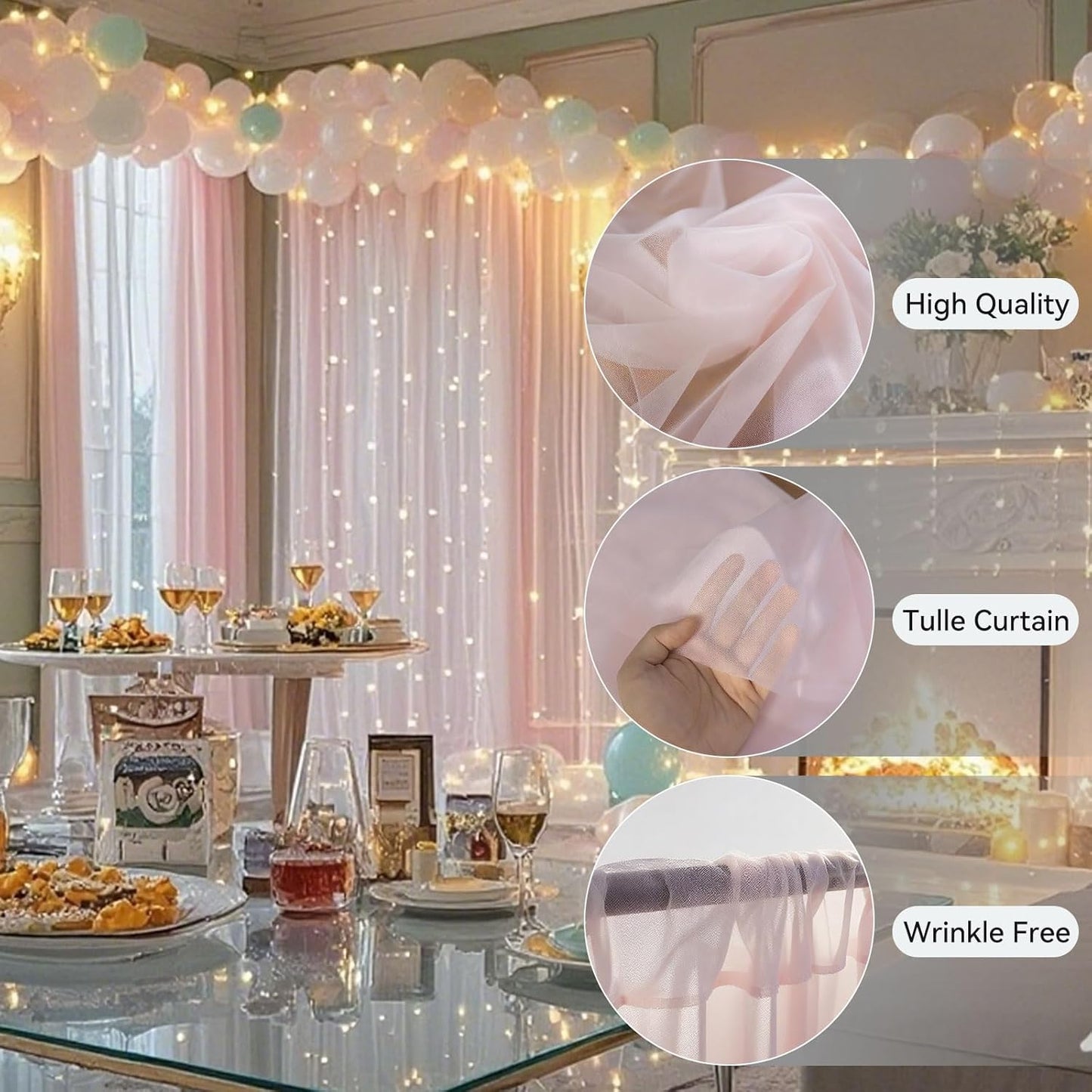 10×8ft Tulle Backdrop Curtains with Lights String - 300LED Fairy Lights Sheer Curtain Backdrop for Weddings Baby Shower and Birthday Party Decorations(4 Panels 5×8ft)