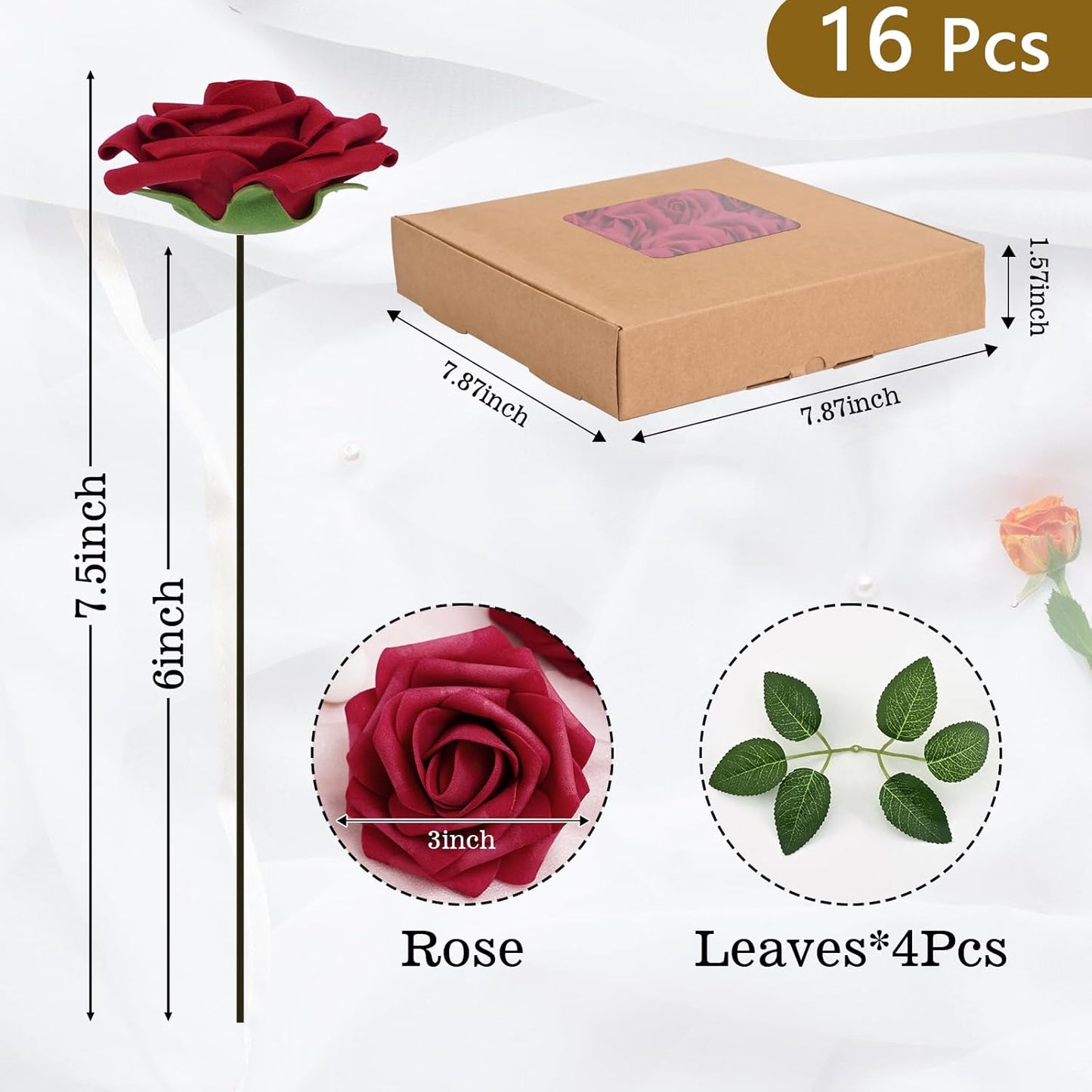 BLEUM CADE 16Pcs Artificial Flowers Fake Roses with Stems, Burgundy Boxed Foam Roses for DIY Bouquets Centerpieces Wedding Party Arrangement Bridal Shower Decor