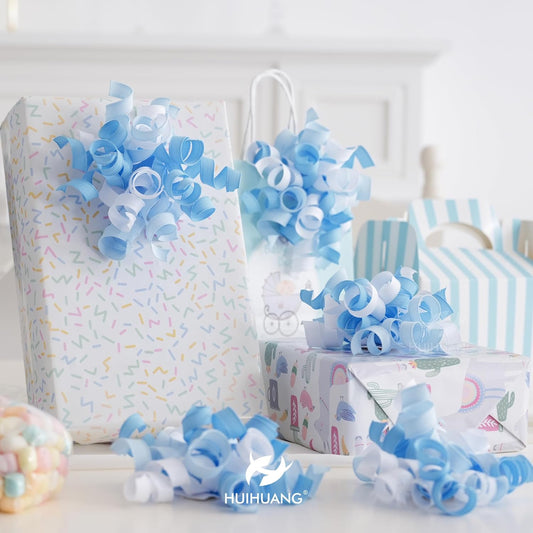 HUIHUANG Baby Boy Shower Gift Bows Blue and White Curly Ribbon Bows Self Adhesive Burst Gift Bow for Baby Birthday, Baby Shower Party Favors, Wine Bottle, Treat Bags, Gift Wrapping- 6 Counts