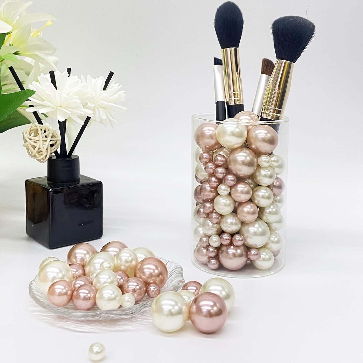 150Pcs Cream&Rose Gold Polished No Hole Faux Pearl Beads for Vase Filling Decorations, Plastic Pearls Vase Fillers, Table Scatters, Wedding Centerpiece, Home Decor, 8/14/20 mm