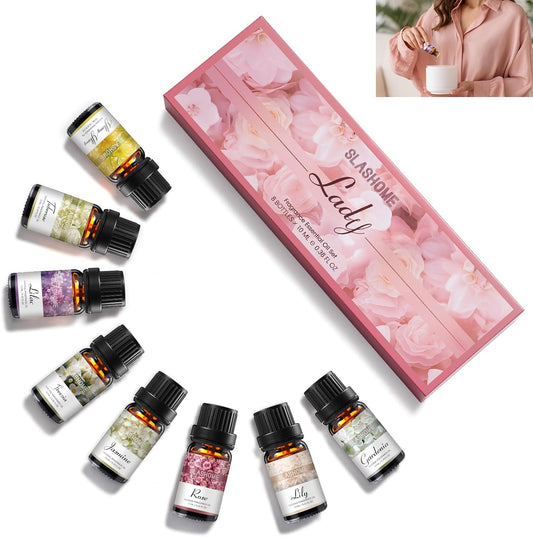 Essential Oils Set for Women | 8x10ml Lady Floral Essential Oils for Diffusers, Home Fragrance, Perfume Making & Massage | Rose, Jasmine, Gardenia, Lily, Lilac, Freesia, Ylang Ylang, Tuberose