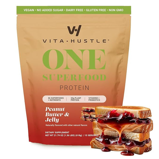 VitaHustle ONE Meal Replacement Shake - Plant Based Protein Powder by Kevin Hart - Vegan, Meal Replacement Powder with Superfoods, Vitamins, Adaptogens & Probiotics - Peanut Butter & Jelly Flavor, 15 Servings