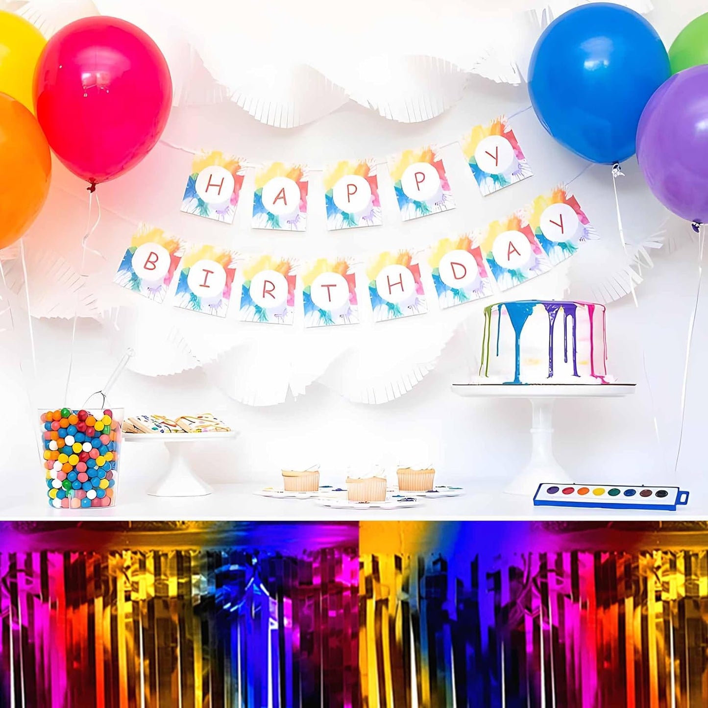 3 Pack Rainbow Foil Fringe Table Skirts Metallic Tinsel Streamers Garland Banner Backdrop for Table Decor, Parade Float, Birthday, Wedding, Halloween, Christmas Party Decorations(29x108 In)