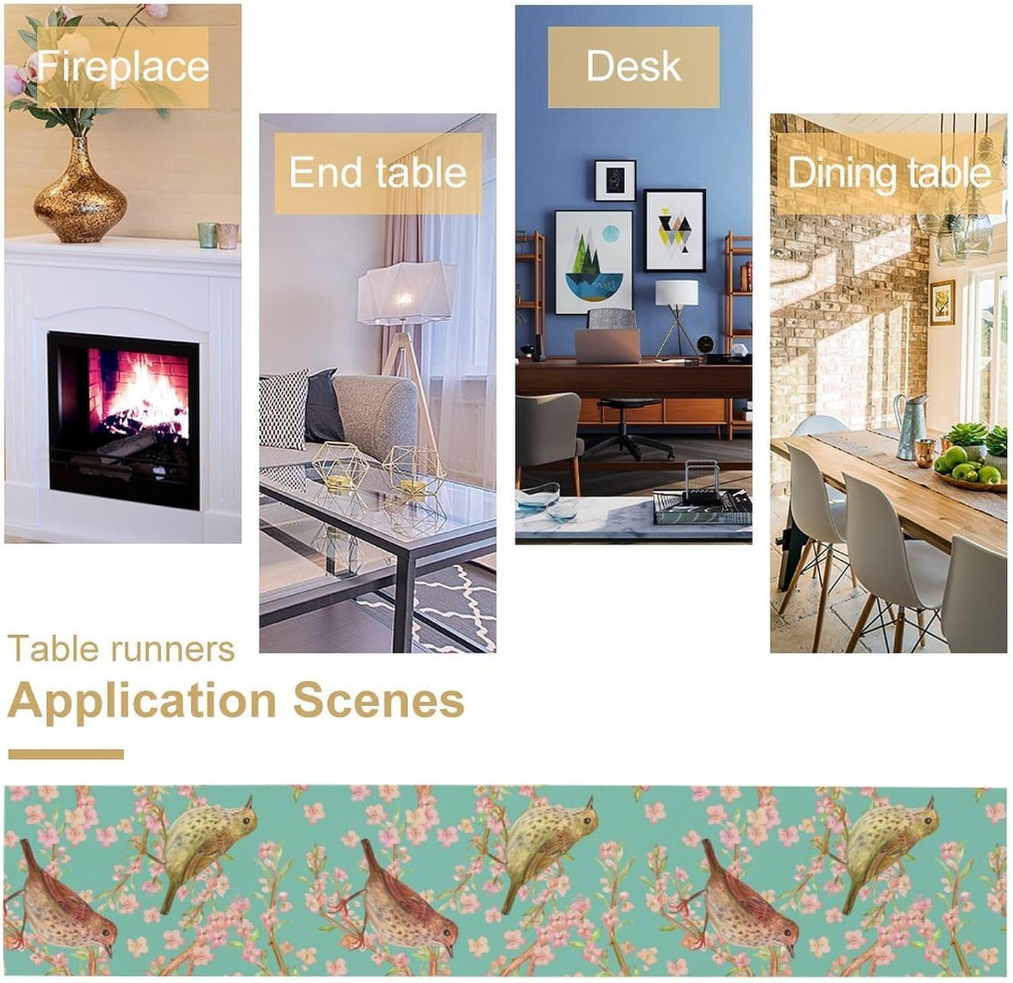 Table Runner with Flowers and Birds, Spring Plant Flowers Table Decoration Linen Table Runner Family Party Party Decorations 13x36 Inches