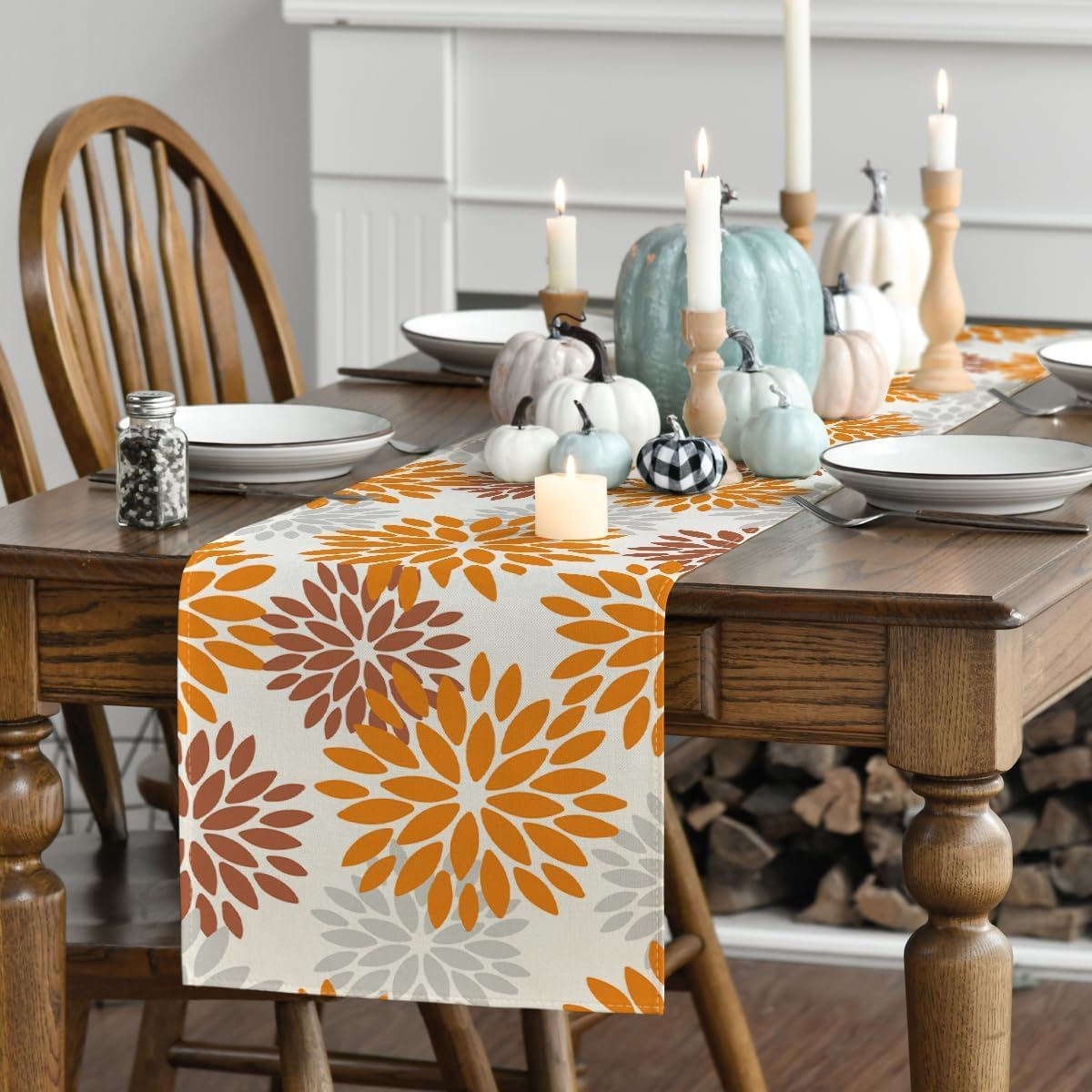Artoid Mode Orange Dahlia Floral Pinnata Fall Table Runner, Seasonal Autumn Thanksgiving Kitchen Dining Table Decoration for Home Party Decor 13x72 Inch