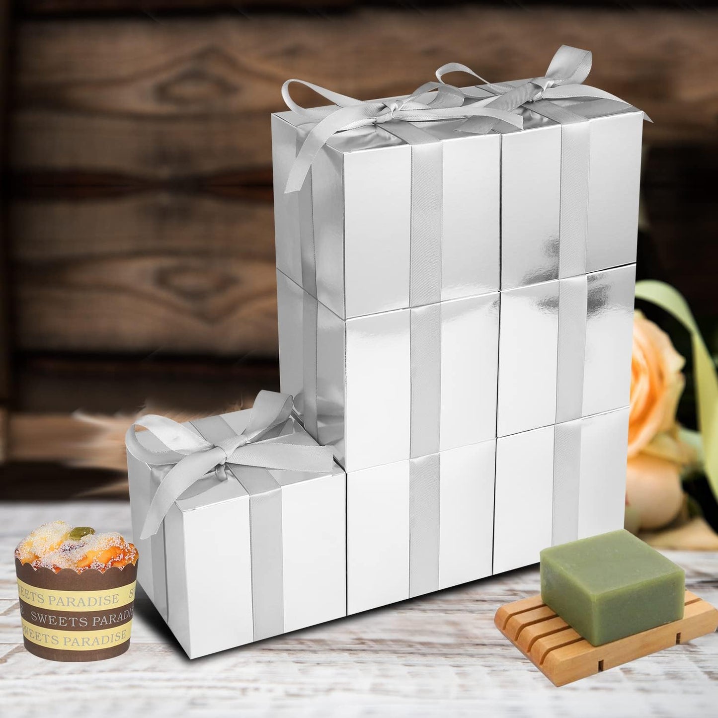 50 Pack Small Favor Boxes, 4x4x4 Silver Paper Gift Boxes with Lids for Presents, Crafting, Cupcake, Candy, Wedding Party, Bridal Shower, Baby Shower Favors