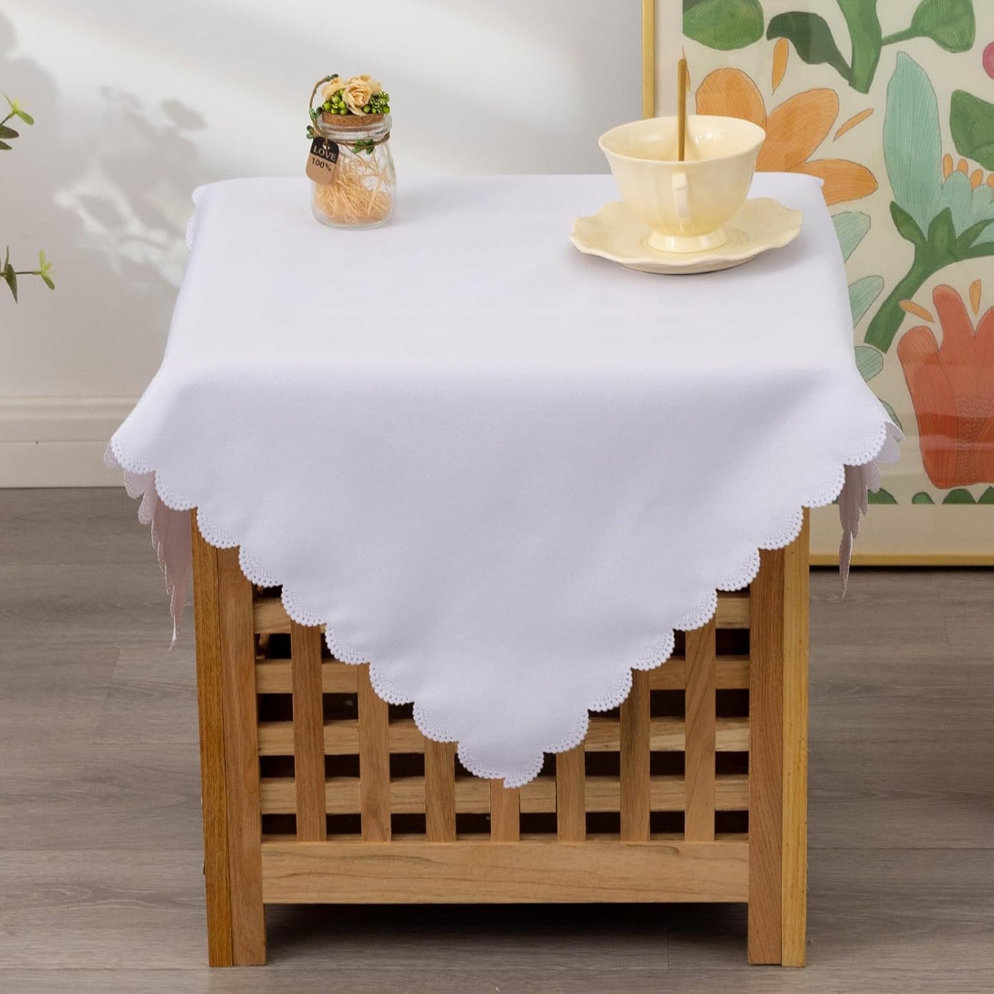 Small Square White Tablecloth 24 x 24 Inch Polyester Fabric Washable Table Cover Decorative Wrinkle Resistant Solid Color Table Cloth for Nightstand Party Wedding Camping