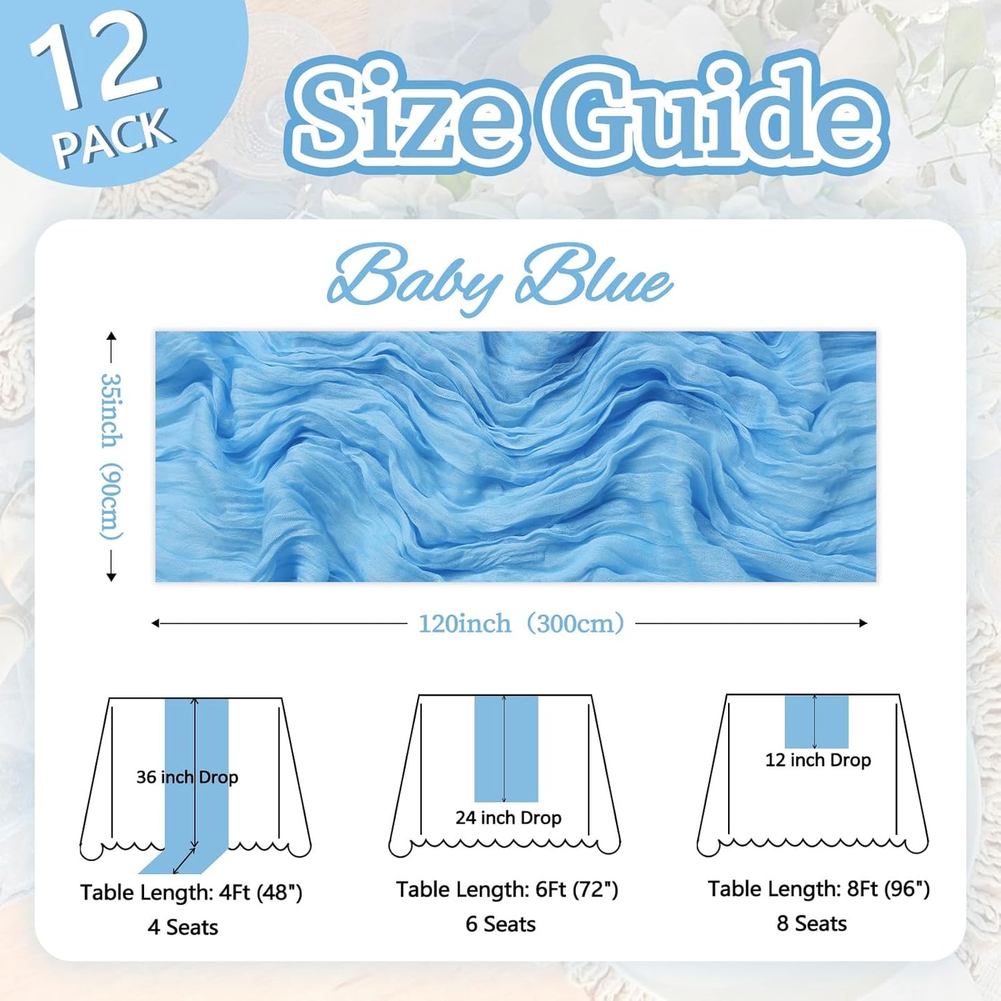 12 Pack Baby Blue Cheesecloth Table Runner 10ft Boho Gauze Fabric Cheese Cloth Table Runner 35 x 120 Inch Rustic Sheer for Romantic Wedding Decor Baby Shower Party Table Centerpiece Decoration