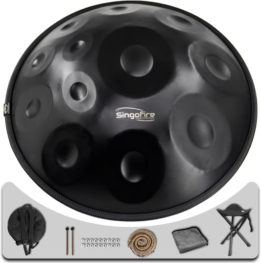 "SINGOFIRE" 12-Notes Handpan Drum, Handpan Drums for Adults, 22-Inch 440Hz D Minor Kurd Handpan, HandPan Instrument with Soft Handpan Bag, 2 Handpan Mallets, Handpan Stand and Dust-Free Cloth(Black)