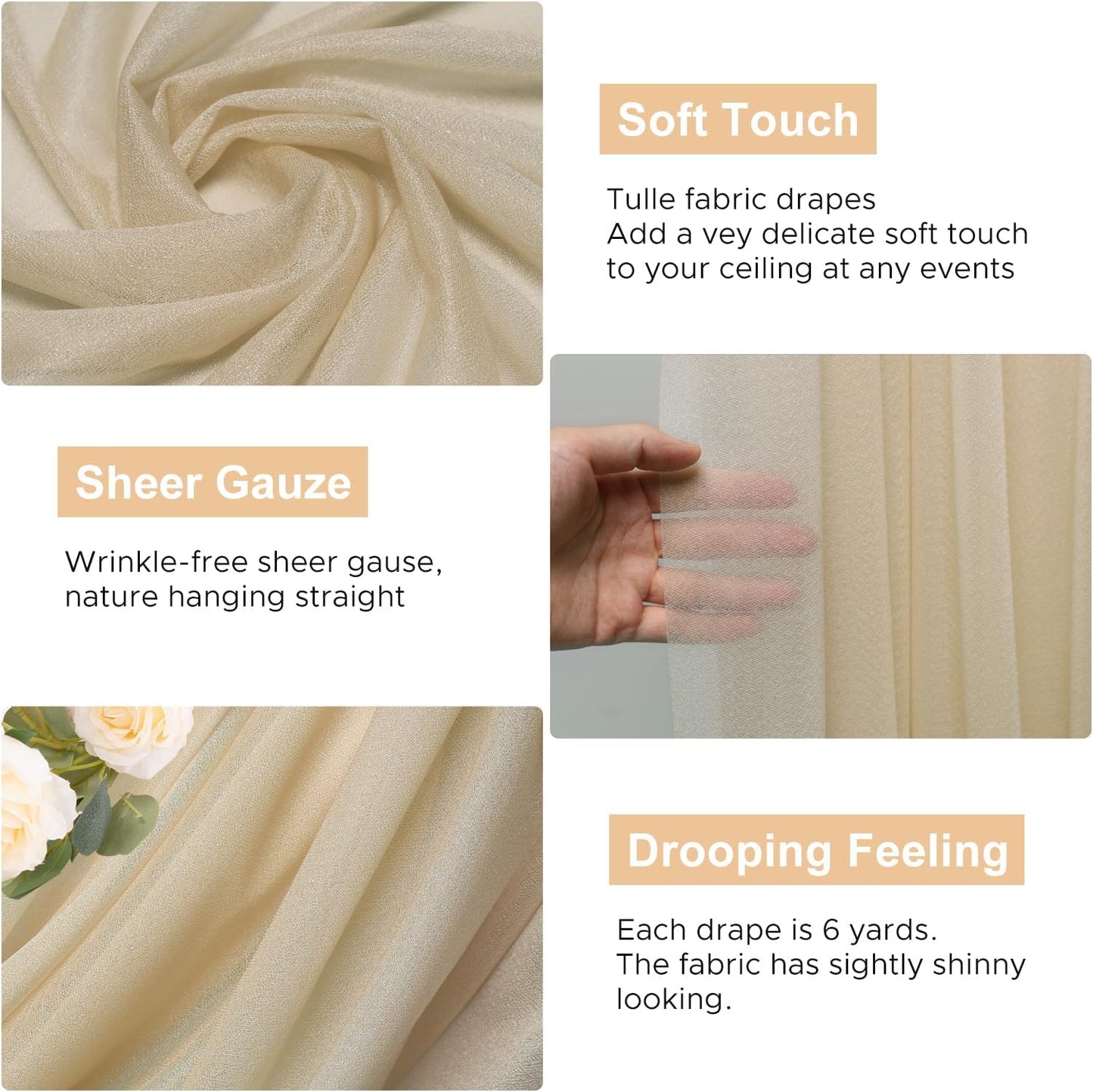 Wokceer Wedding Arch Draping Fabric 28.7" x 20FT Champagne Drapes Sheer Fabric Backdrop Arch Draping Fabrics for Wedding Ceremony Birthday Party Bridal Shower Decoration