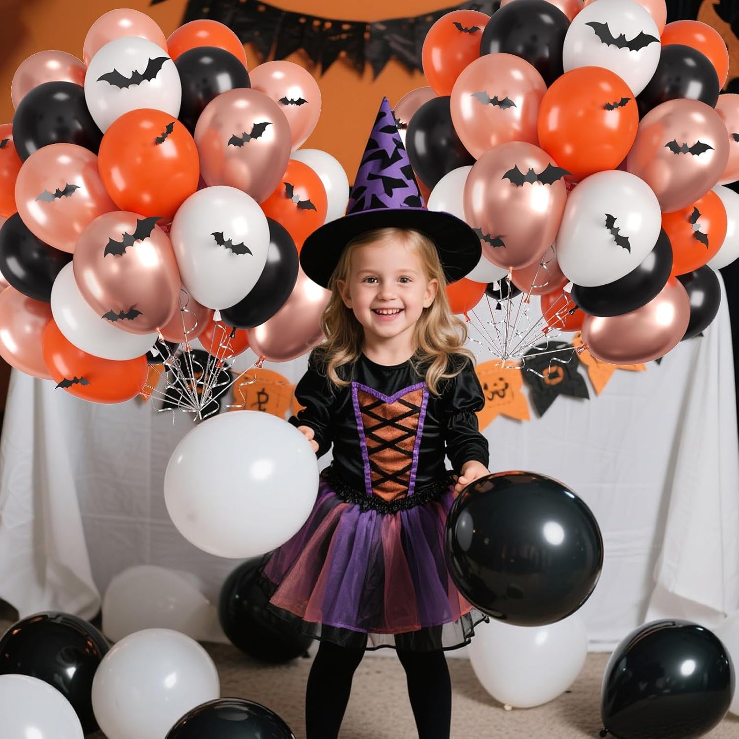 Halloween Balloons, 60PCS Black Orange Balloons, Black Orange White Rose Gold Balloon with 4 Different Sizes 3D bats Stickers for Halloween Masquerade Haunted House Themed Birthday Party Decorations