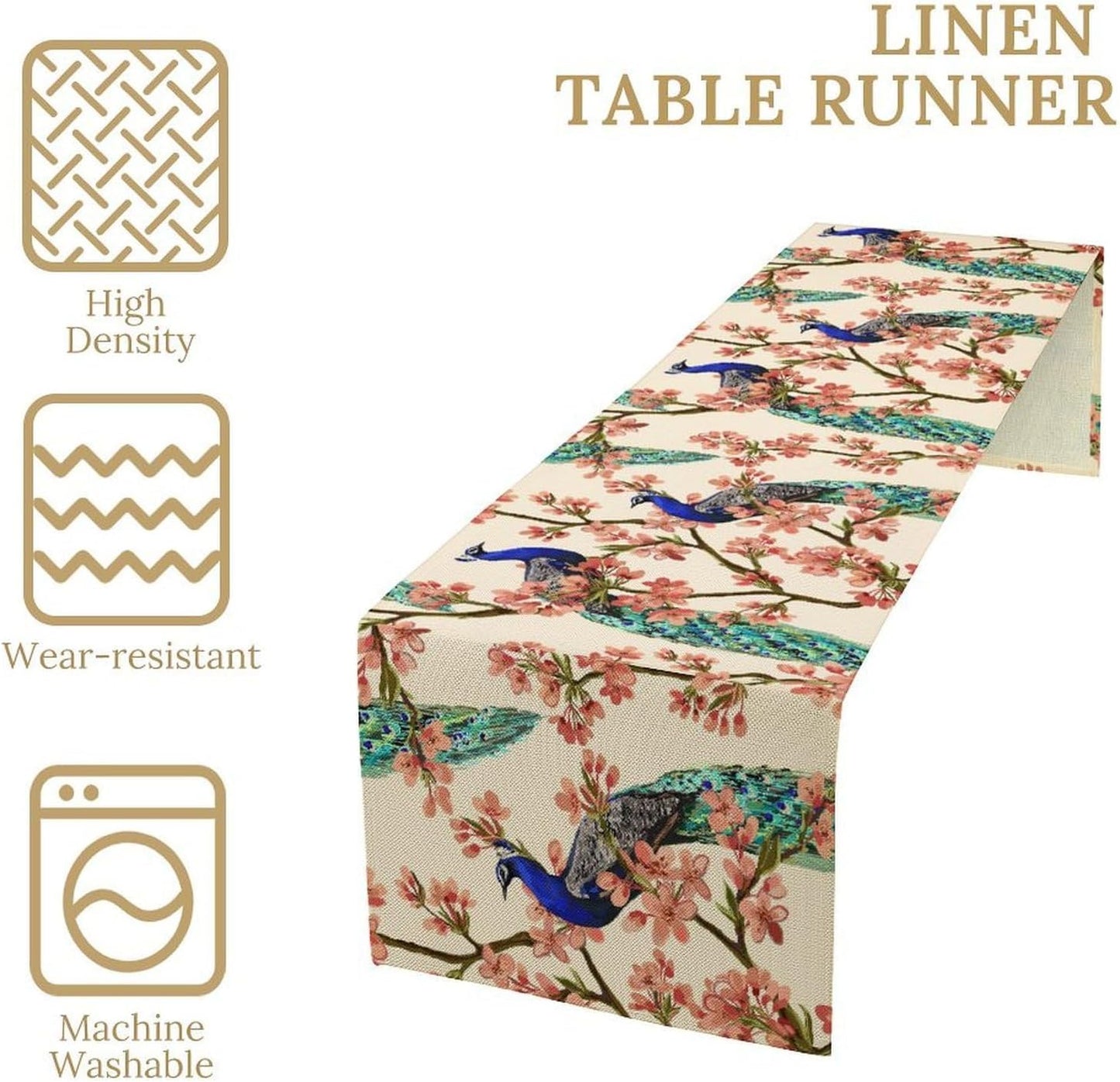 Peacock Table Runner,Spring Floral Peacock Birds Table Runner for Home Kitchen Dining Party Indoor Outdoor Decoration 13x36 Inch