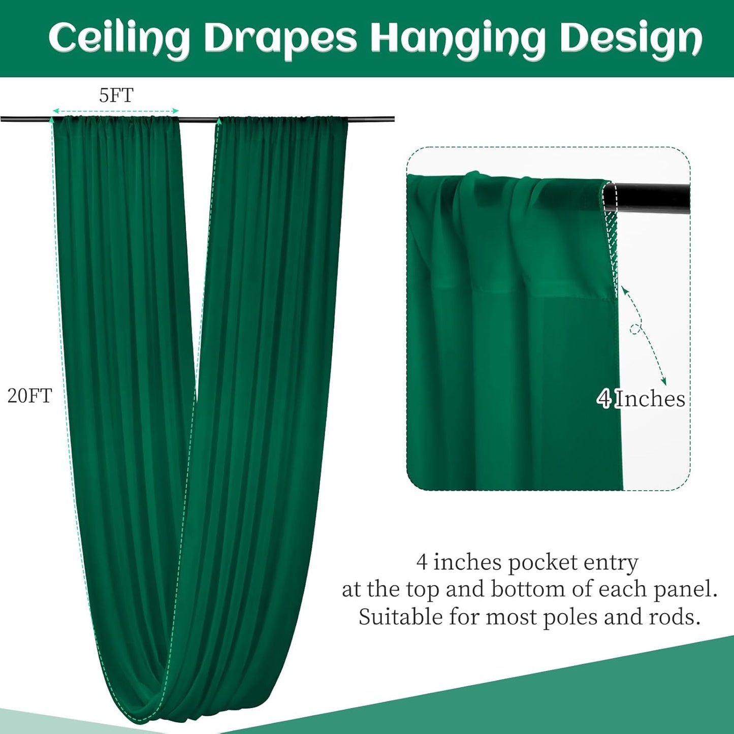 6 Panels Emerald Green Wedding Ceiling Drapes 5ftx20ft Ceiling Drapes Chiffon Fabric Arch Draping Sheer Curtains Soft Drapery Draping Wedding Ceiling Decorations for Party Ceremony Stage Swag