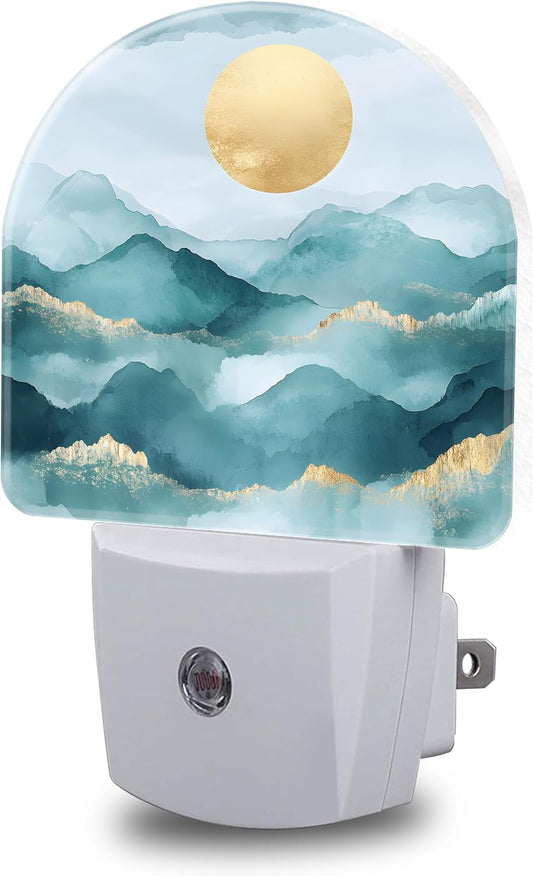 Night Lights Plug into Wall Abstract Mountains and Sun Night Light Dusk to Dawn Smart Sensor Decorative Round Led Lamp for Bedroom Kitchen Hallway Nightlight for Women Men