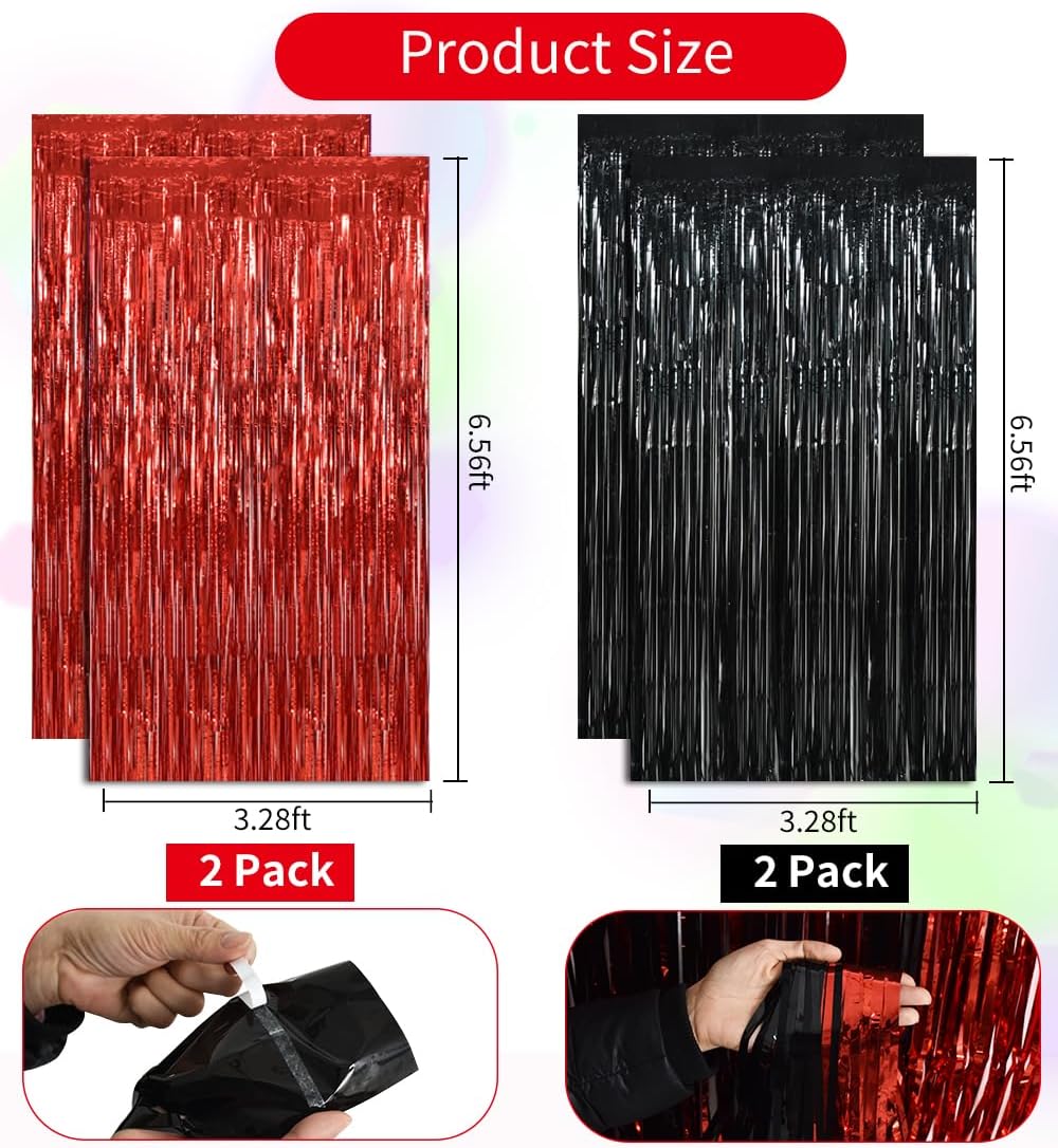 BEISHIDA 4 Pcs Red and Black Door Streamers Foil Curtain Red and Black Party Decoration Backdrop for Casino Theme Scream Halloween Supplies Graduation Birthday Party Decorations (3.28 ft x 6.56 ft)