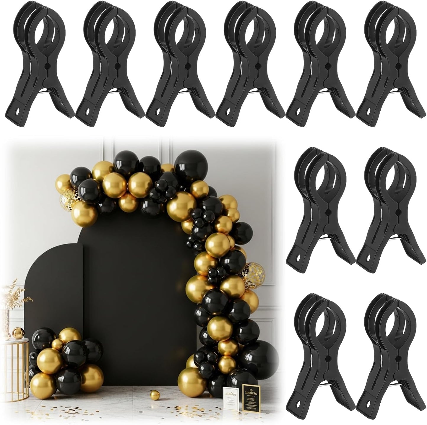 LemonRoad 10 Pack Large Balloon Arch Clips Plastic Transparent Backdrop Spring Clamps 3.5 Inch Heavy Duty Clip for Balloon Arch Kit Birthday Decoration Crafts Woodworking Photography Studios (Black)