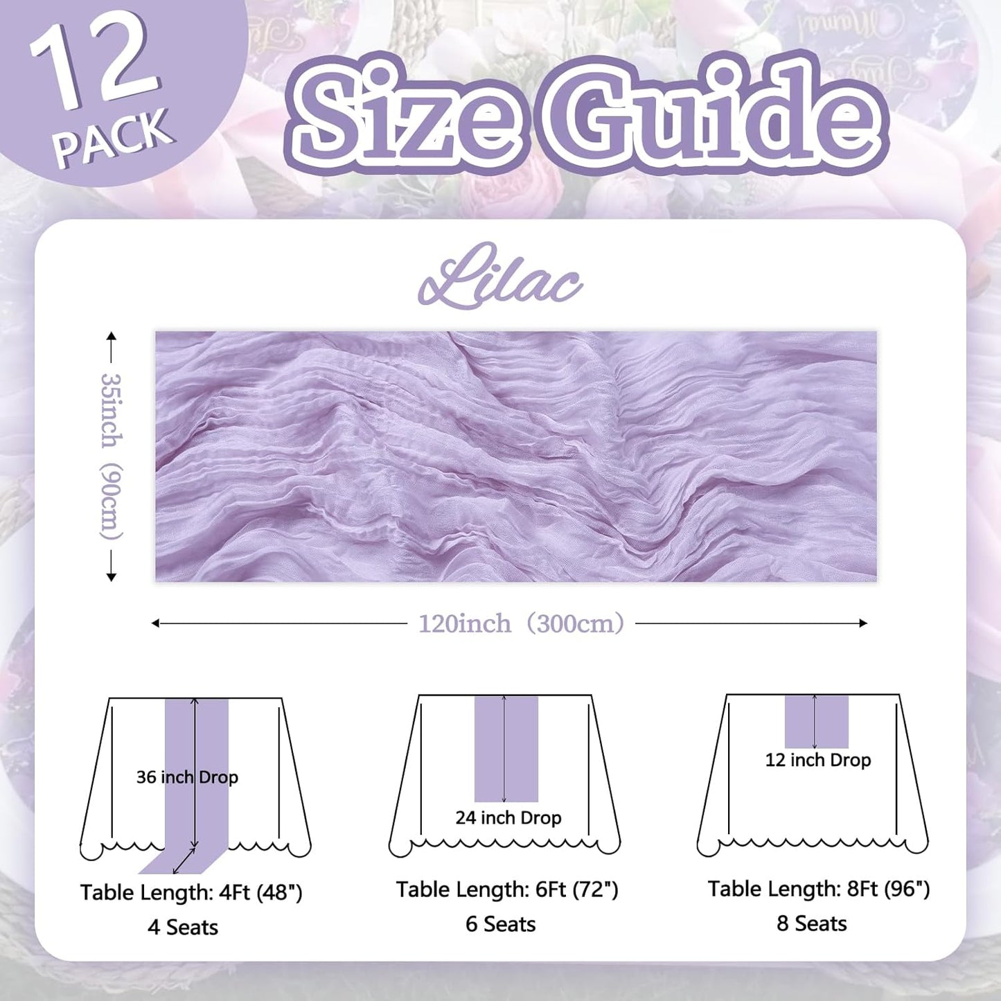 12 Pack Lilac Purple Cheesecloth Table Runner 10ft Boho Gauze Fabric Cheese Cloth Table Runner 35 x 120 Inch Rustic Sheer for Romantic Wedding Decor Baby Shower Party Table Centerpiece Decoration