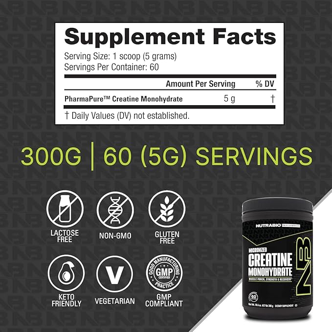 NutraBio Pure Micronized Creatine Monohydrate Powder Supplement, Unflavored, (300 g) - Supports Bulk Muscle Energy, Recovery, and Strength - HPLC Tested Creatine Powder Supplement for Men and Women