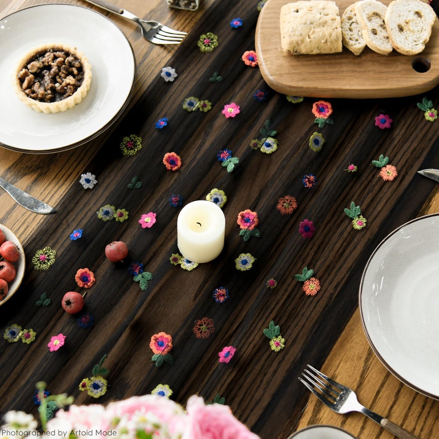 Artoid Mode Black Embroidery Daisy Gauze Table Runner 120 Inch 10FT, Seasonal Sheer Kitchen Dining Holiday Wedding Birthday Table Decor for Home Party