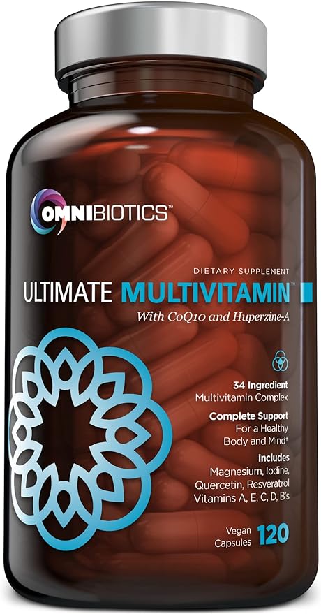 OmniBiotics Ultimate Daily Multivitamin for Women & Men – 34 Essential Ingredients Including Vitamin A, C, D, E, B6, B12, Biotin, Zinc – 120 Vegan Capsules