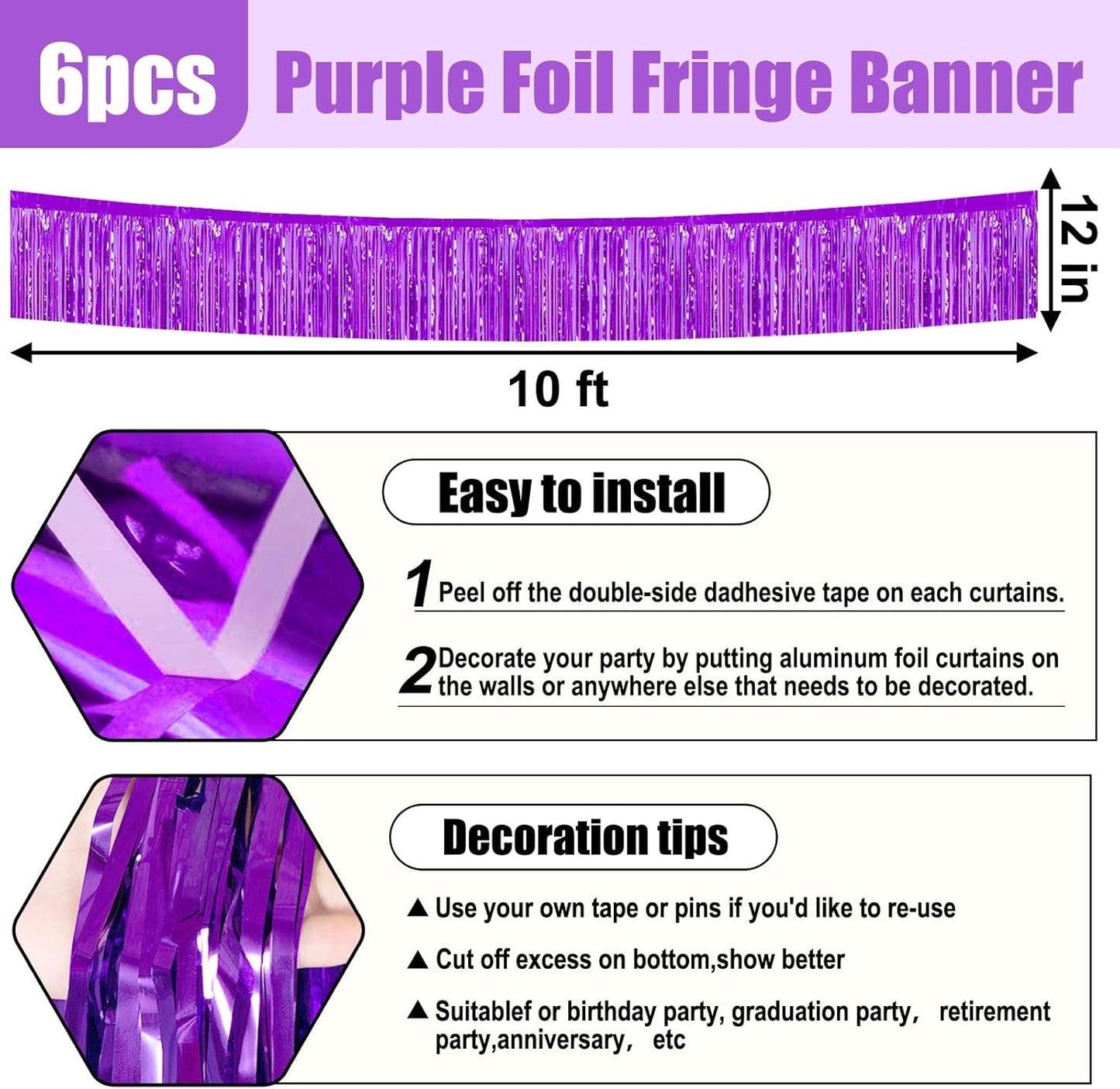 6 Pack 10 Feet Purple Foil Fringe Garland Metallic Tinsel Streamers Banner Wall Hanging Curtain Backdrop for Parade Floats, Birthday, Graduate, Mother's Day, Wedding Party Decoration