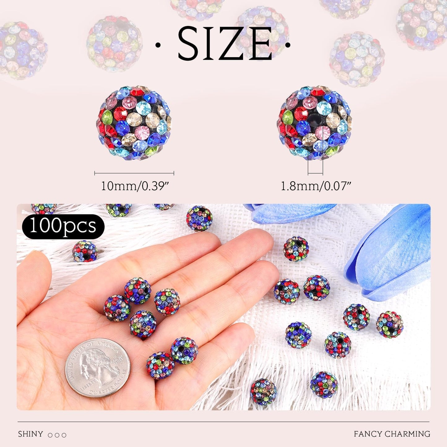 100pcs 10mm Rhinestone Beads for Jewelry Making, Black Mixed Shiny Round Shamballa Disco Beads Bulk, Sparkle Crystal Clay Christmas for Bracelet Baseball Necklace Earring Crafting and DIY