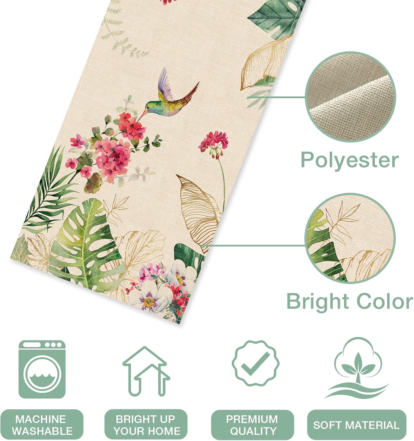 Seliem Summer Tropical Hummingbird Palm Leaf Greenery Table Runner, Spring Birds Home Kitchen Monstera Geranium Flowers Dining Decor, Seasonal Burlap Decorations Anniversary Party Supply 13 x 90 Inch