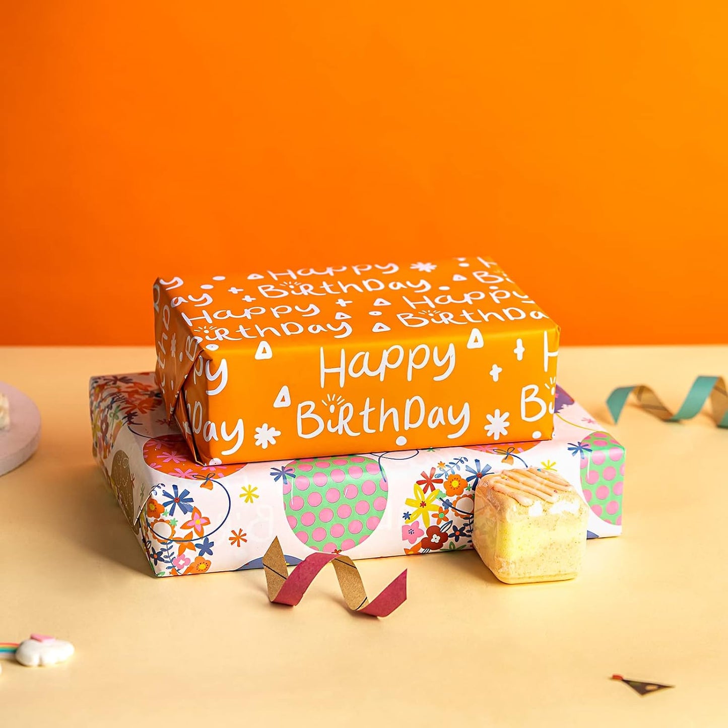 LeZakaa Reversible Birthday Wrapping Paper Roll for Girls Women, Happy Birthday Lettering, Orange Flower Balloon Design, Mini Roll, 17 inches x 32.8 Feet (46.45 sq.ft.)