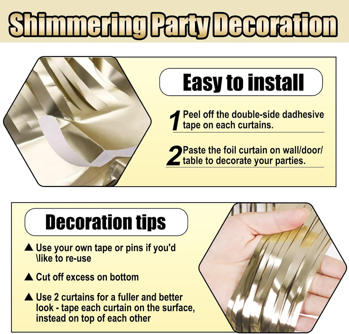 3 Pack Light Gold Foil Fringe Curtain Backdrop, 3.28Ft x 8.2Ft Metallic Tinsel Foil Fringe Streamer Curtains for Photo Booth, Christmas Day, Thanksgiving, Wedding, New Year Party Decorations