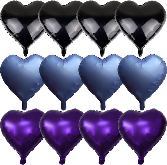 Blue Purple Heart Balloons, 12Pcs 18 Inch Metallic Blue Purple Black Heart Shape Foil Helium Large Balloons for Cartoon Kid Birthday Outer Space Astronaut Theme Baby Shower Video Game Party Decoration