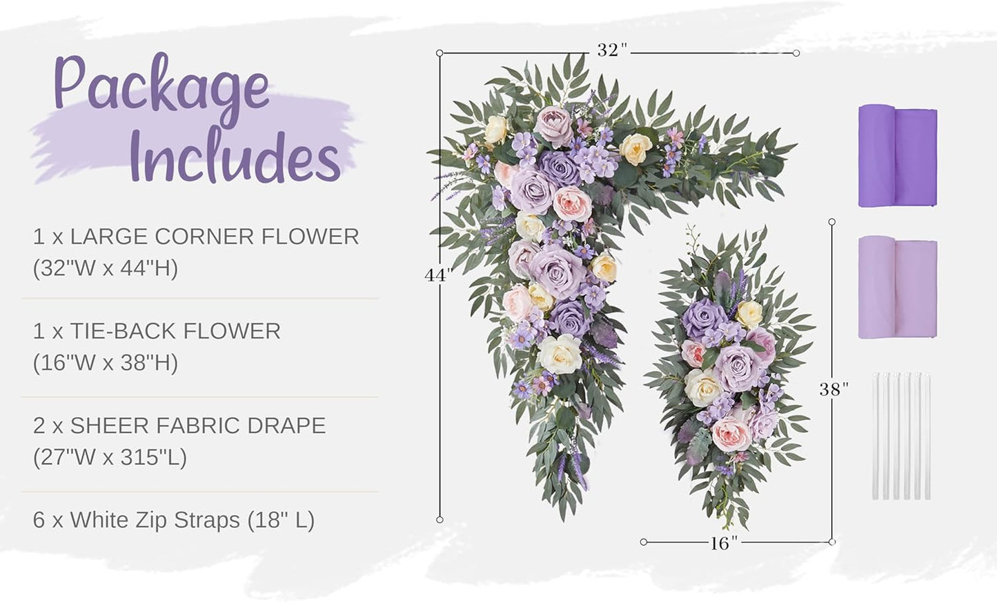 Wedding Arch Flowers with Drapes Kit (Pack of 4) - 2pcs Artificial Lilac Deluxe Swag with 2pcs Sheer Drapes for Wedding Ceremony Arbor Reception Backdrop Rose Floral Decoration