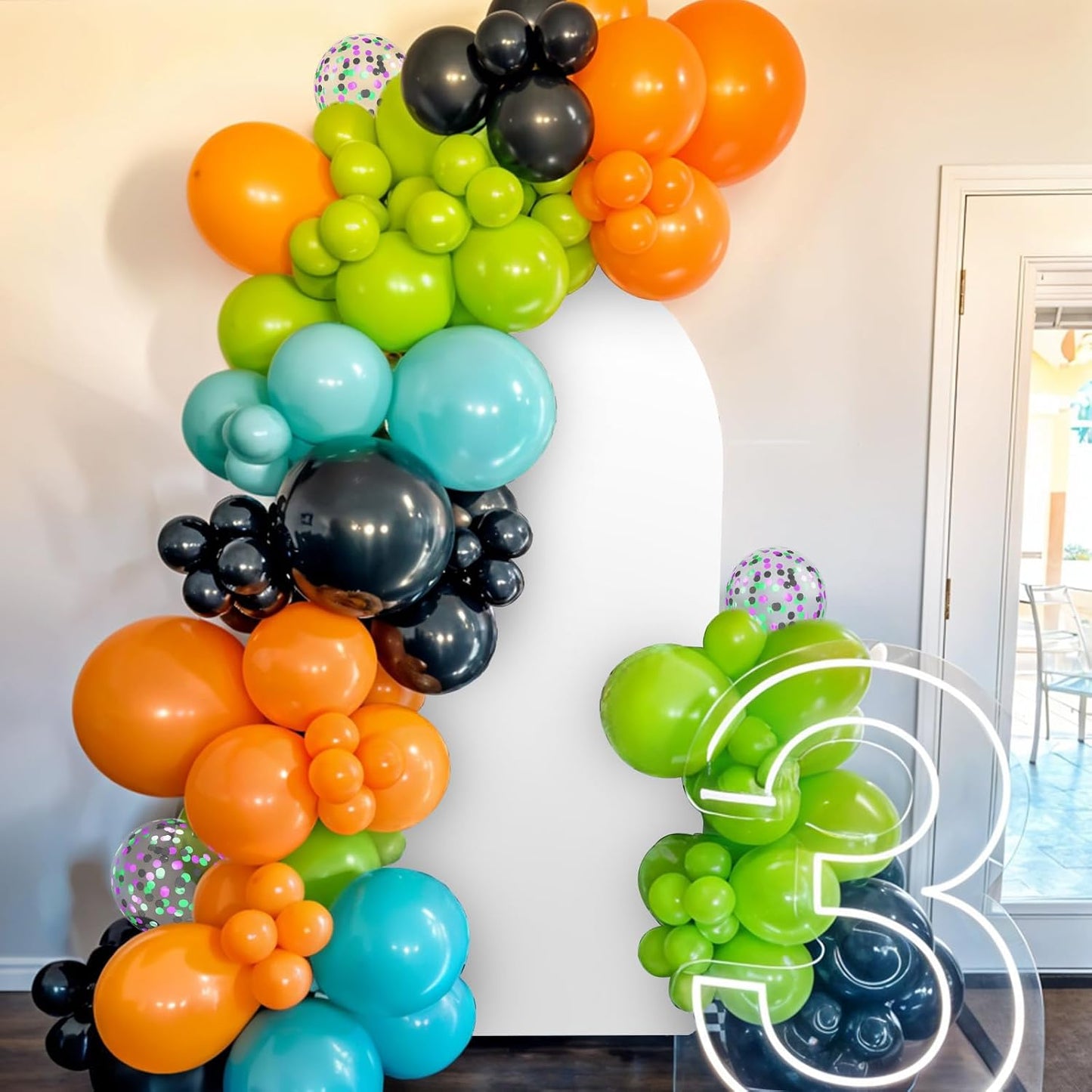 Green Orange Black Balloons, 12 Inch Fruit Green Orange Teal Black Confetti Latex Balloons for Boys Party Baby Shower Birthday Party Decorations